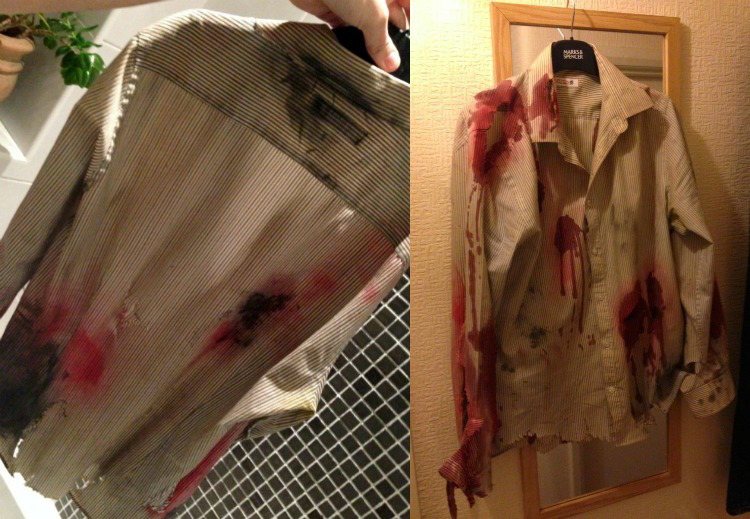 costume zombie -vieille-chemise-déchirée-taches-faux-sang