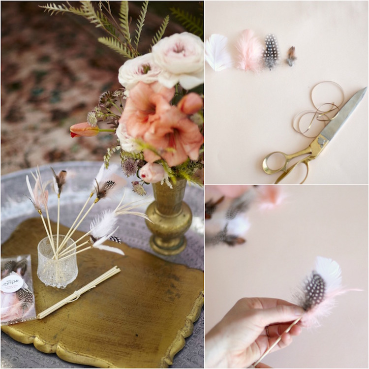 décoration DIY avec des plumes-agitateurs-boissons-centre-table-floral