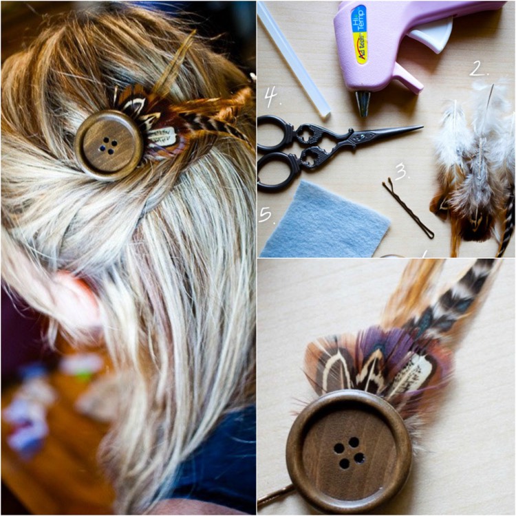 décoration DIY avec des plumes-épingle-cheveux-diy-bouton-bois-plumes