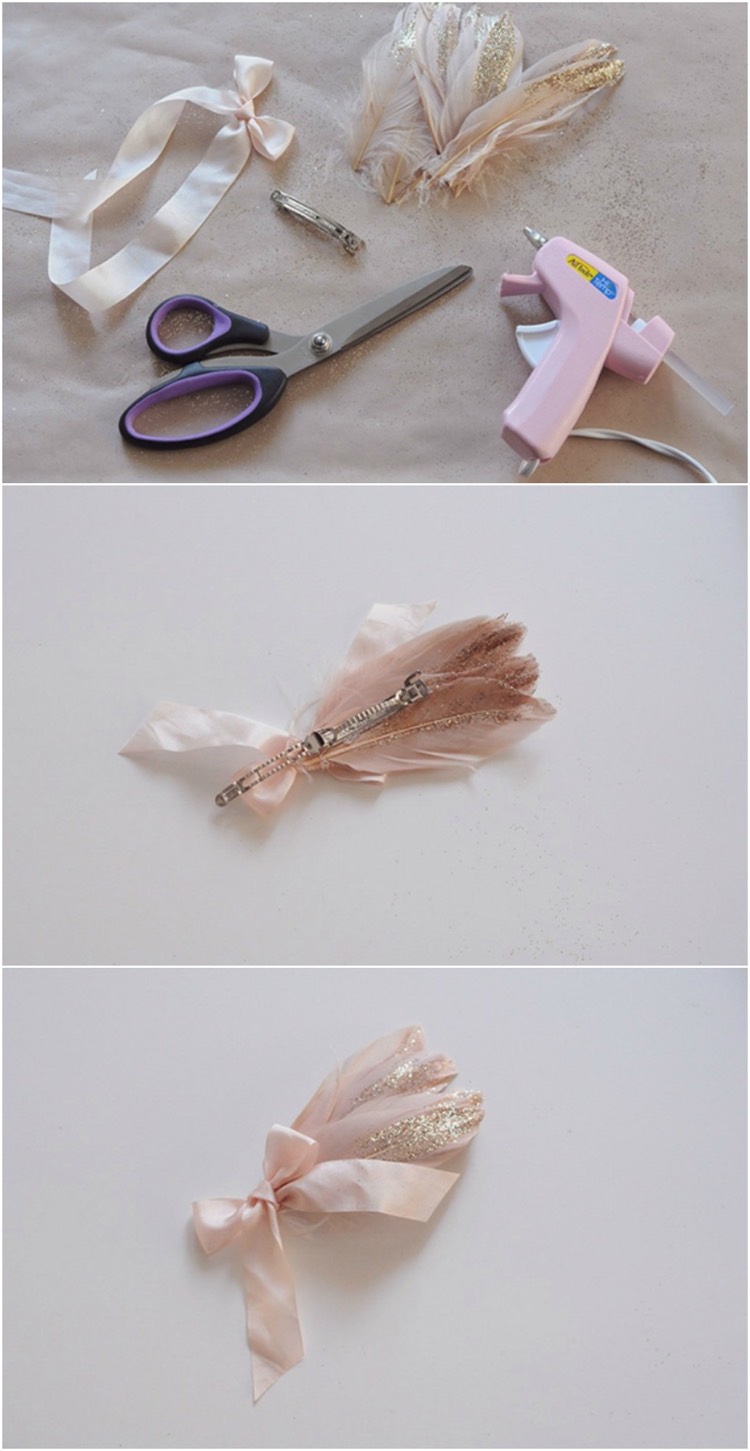 décoration DIY avec des plumes-épingle-cheveux-romantique-noeud-rose-plumes