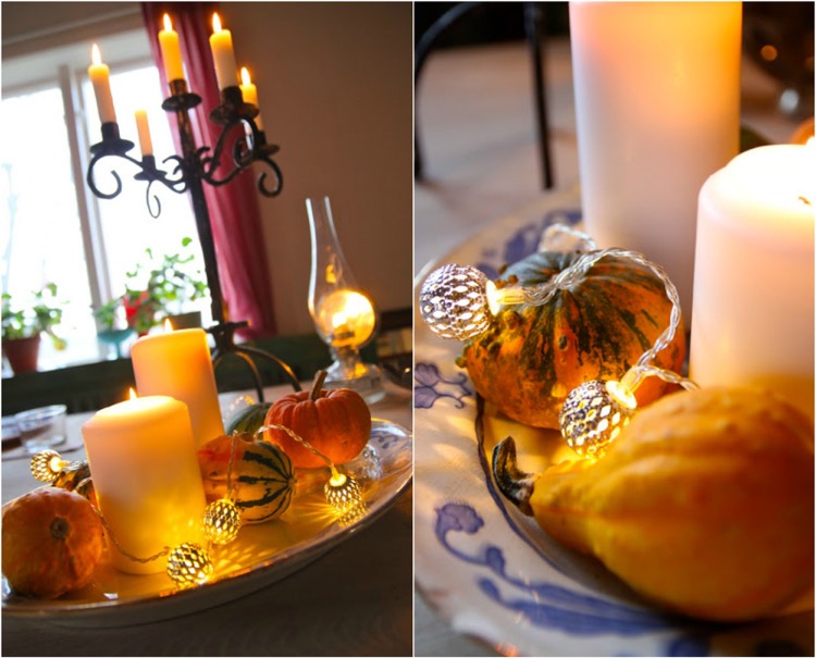 décoration table automne -centre-table-guirlandes-lumineuses-citrouilles-bougies