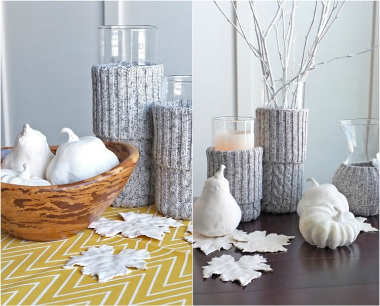 décoration table automne -chaussettes-crochetés-vases-cylindriques-poires-citrouilles-plâtre