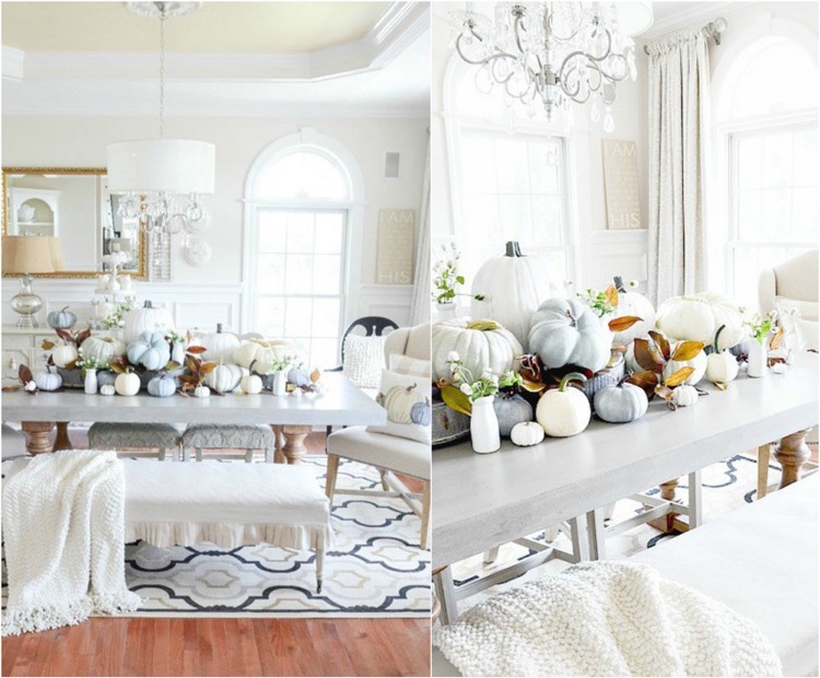 décoration table automne -composition-citrouilles-blanches-feuilles-automne-déco-romantique