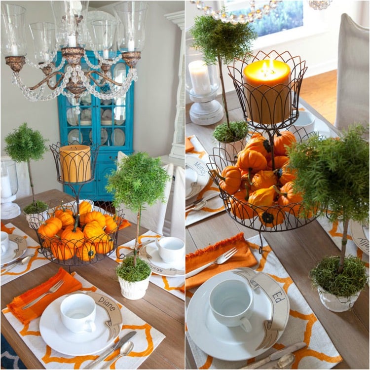 décoration table automne -composition-mini-citrouilles-serviettes-orange