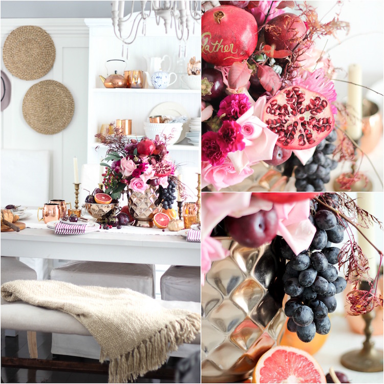 décoration table automne -romantique-fleurs-roses-grenades-raisin