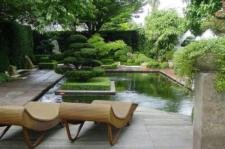 jardin asiatique banc-design-bois-massif-piscine
