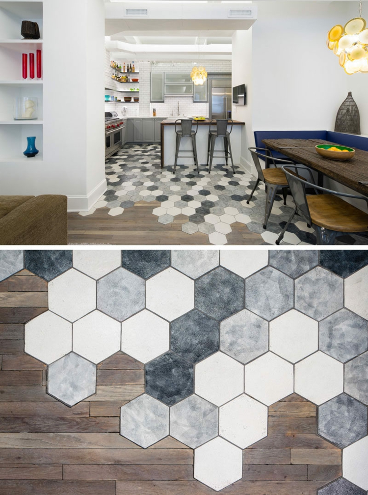 motif hexagone -carrelahe-hexagonal-blanc-gris-parquet-cuisine-industrielle-moderne