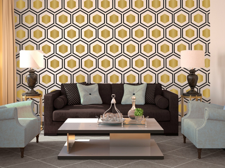 motif hexagone -papier-peint-salon-motif-nid-d'abeille-canapé-marron