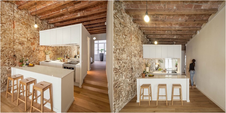 mur-de-pierre-apparente-plafond-poutres-apparentes-cuisine-minimaliste-rustique