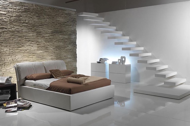 mur-de-pierre-plaquettes-parement-chambre-blanche-minimaliste-escalier-suspendu