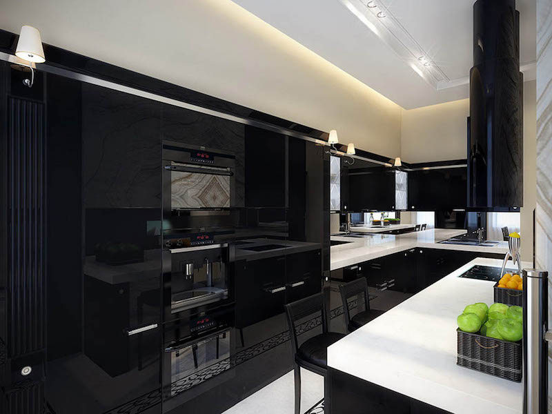 revêtement de sol dans la cuisine-resine-noire-brillante-meubles-noir-blanc