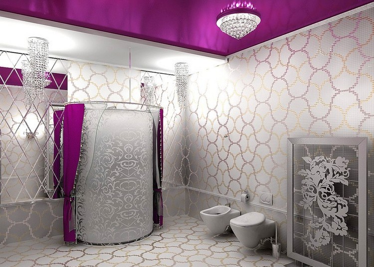 salle de bain mosaique argent-peinture-violet-cabine-douche