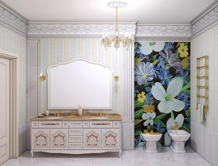 salle-bain-mosaique-mobilier-bois-blanc-dore-miroir-fleurs-porte-serviette-dore