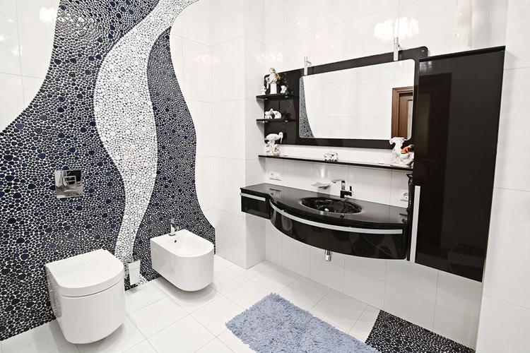 salle de bain blanche et noire -mosaique-noir-blanc-mobilier-noir