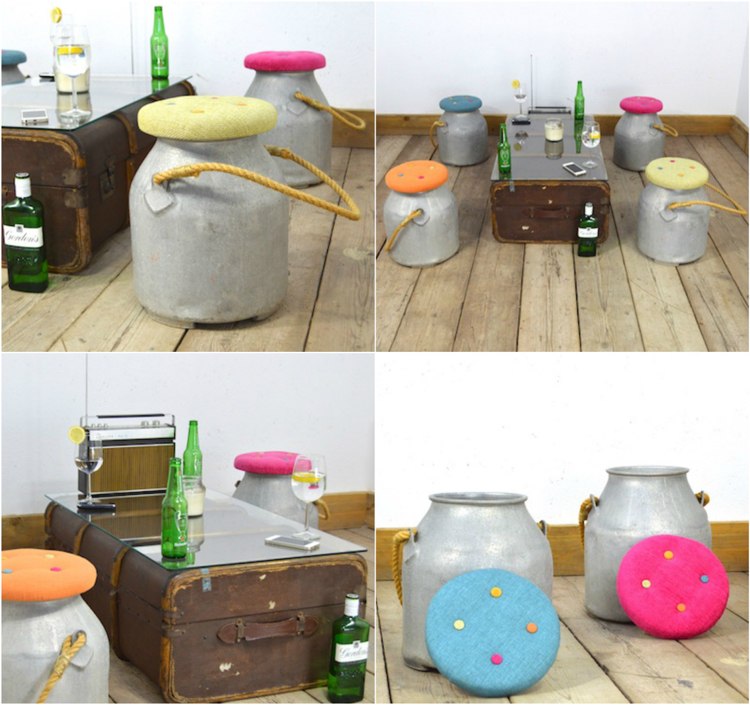 valise-bidons-lait du marché aux puces recycles-table-tabourets