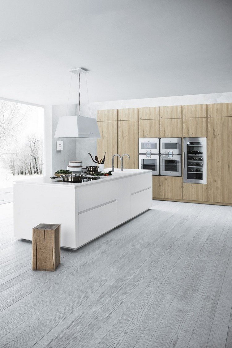 ilot-cuisine-moderne-design-blanc-neige-armoires-rangement-bois-clair