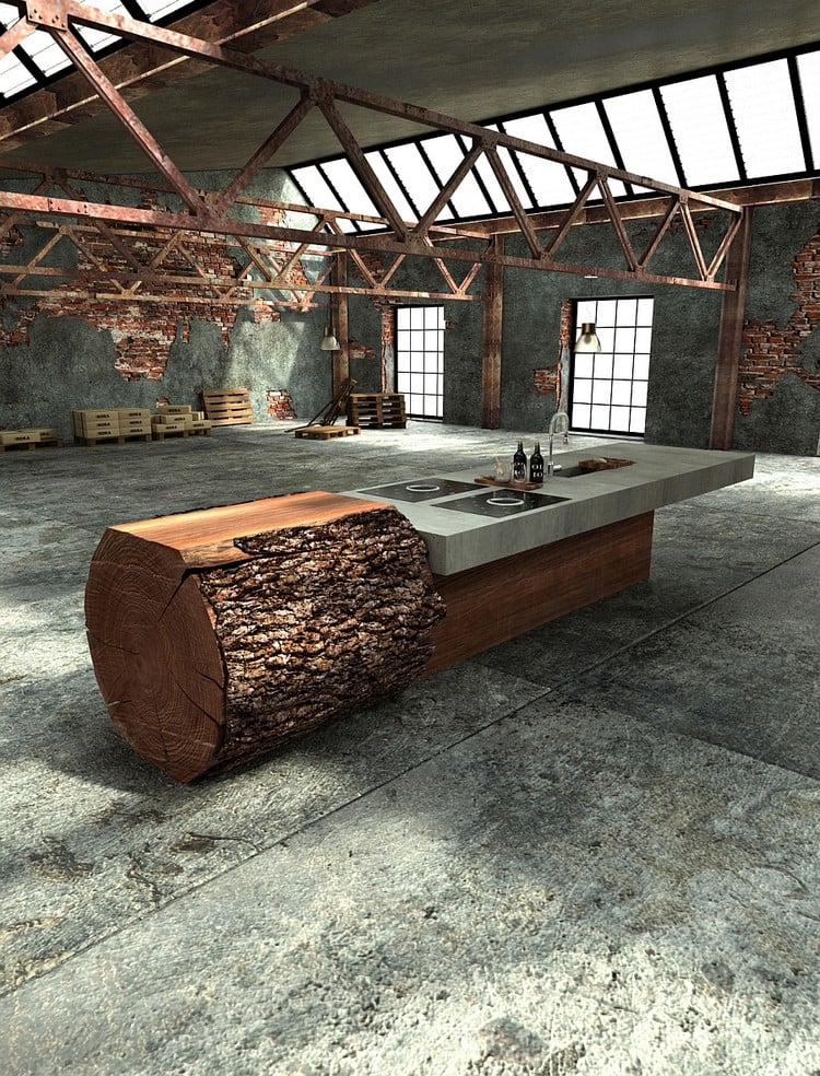 ilot-cuisine-moderne-design-rustique-tronc-arbre-comptoir-beton