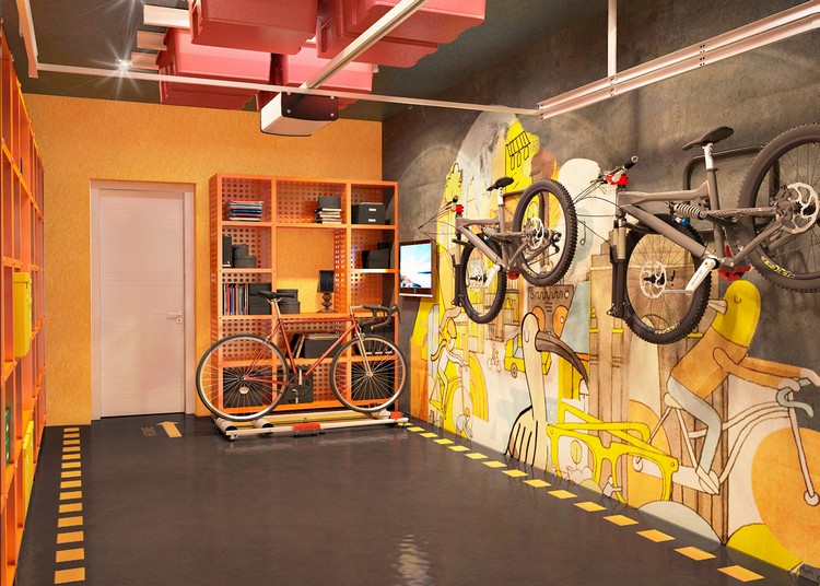 amenagement-garage-moderne-peinture-murale-fresque-jaune