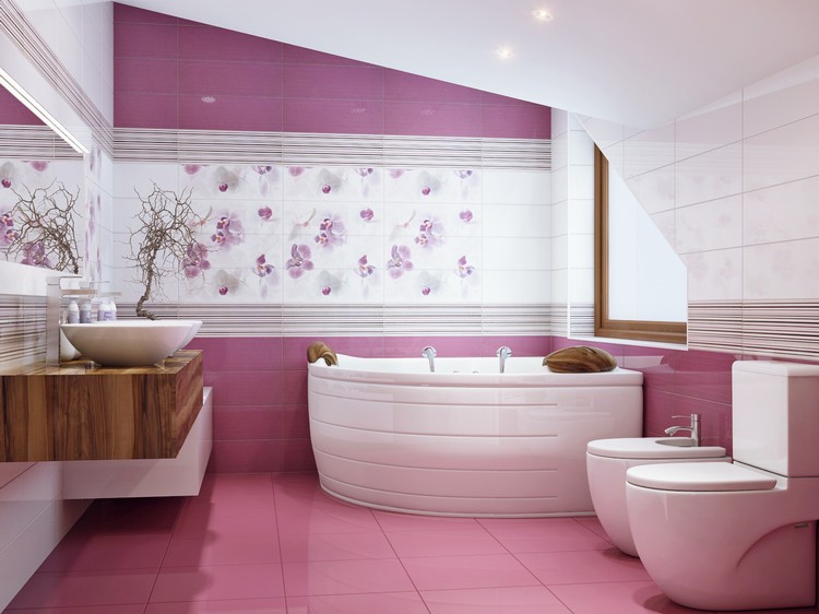 baignoire acrylique angle-carrelage-rose-murs-violet