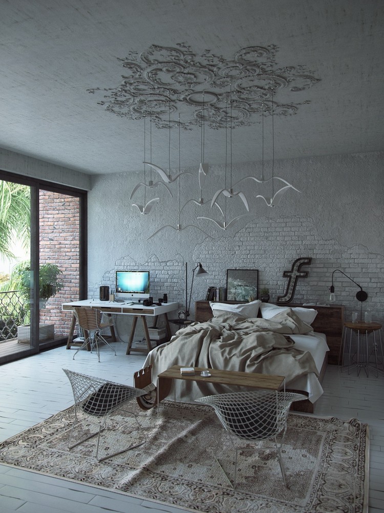 chambre-claire-style-industriel-tapis-design-suspension-parement-mural-brique-grise