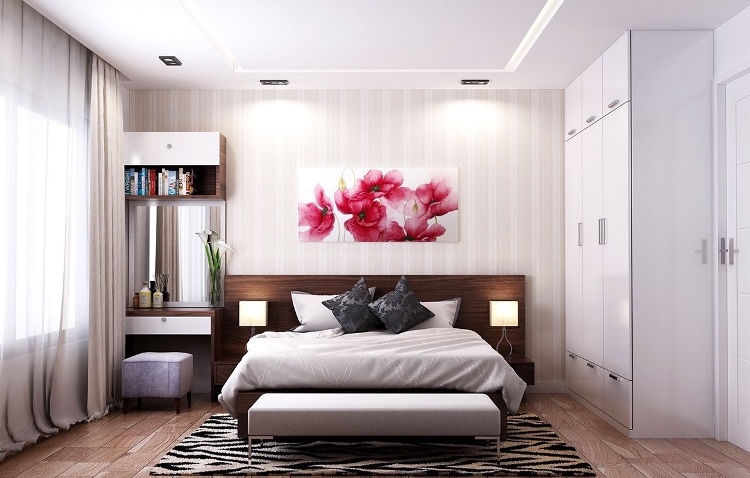 chambre-claire-tableau-decoratif-hibiscus-tete-lit-bois-massif