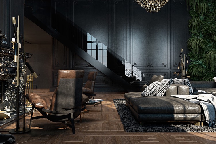 couleur-gris-anthracite-escalier-minimaliste-noir-parquet-bois-panneaux-muraux-bois-gris-fonce