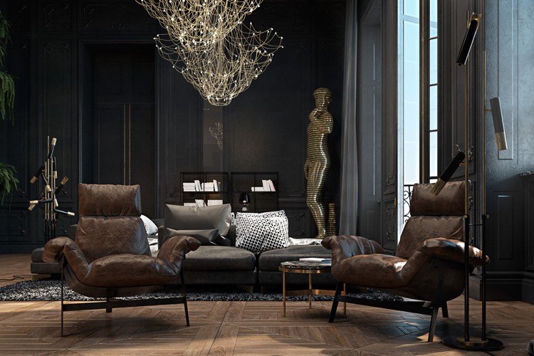 couleur-gris-anthracite-lustre-design-fauteuil-cuir-marron-lampadaire-moderne-statue-david