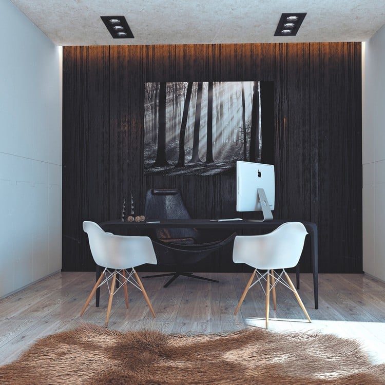 decoration-bureau-table-bois-chaises-scandinaves-tapis-parquet
