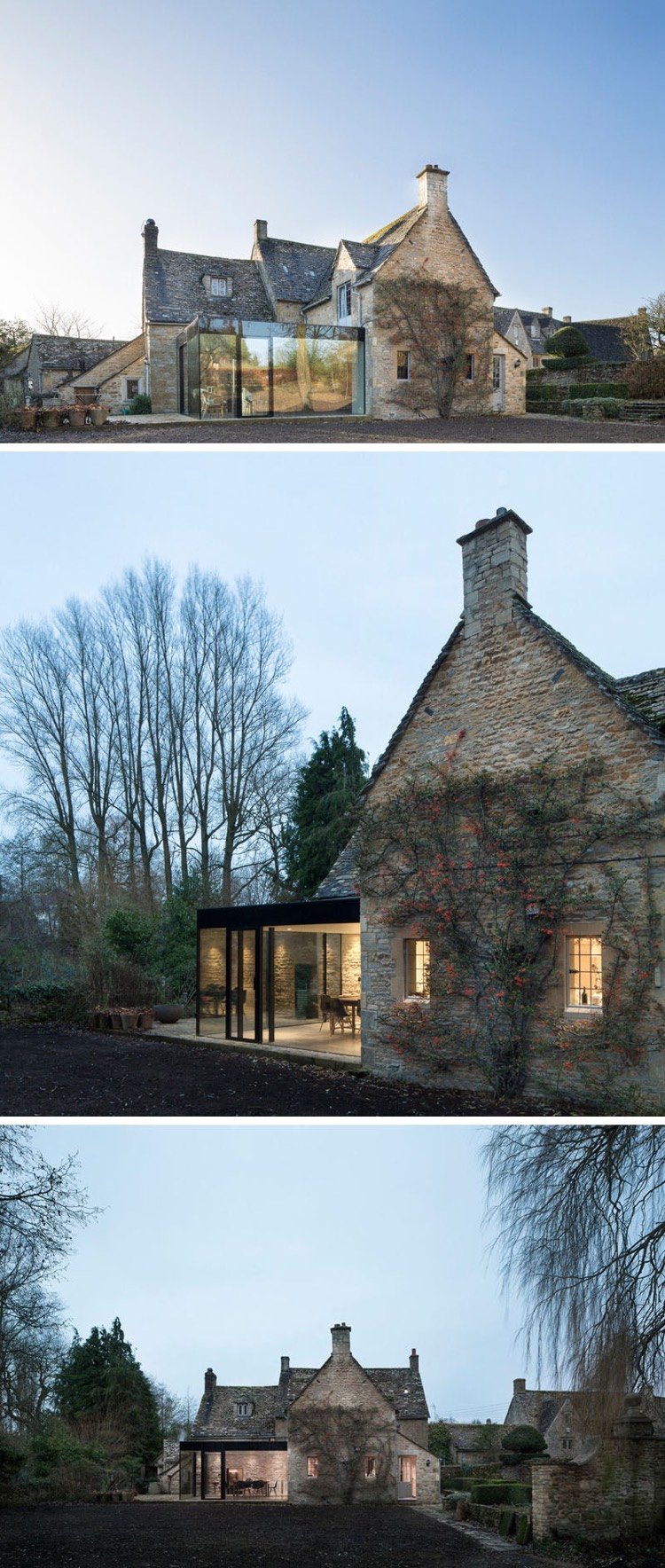 extension-maison-vitree-acier-noir-salle-manger-moderne-facade-maison-pierre
