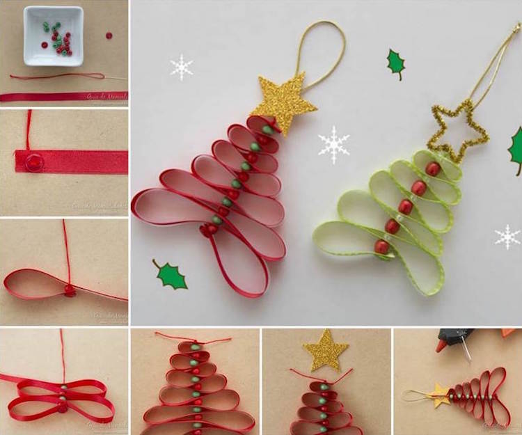 fabriquer un sapin de Noël decoratif-ruban-perles-fil-coudre