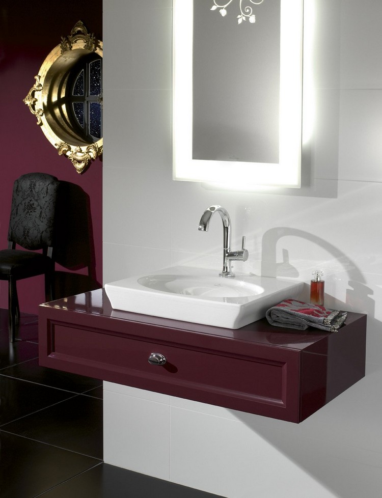 meuble sous vasque suspendu bois-marron-bordeau-miroir