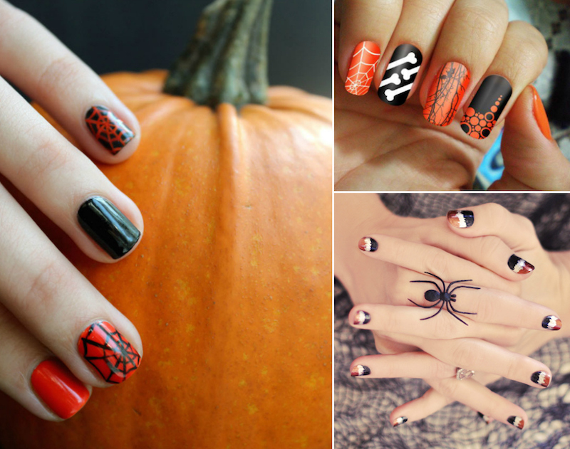 nail art original pour Halloween- idees-orange-noir-motifs-varies