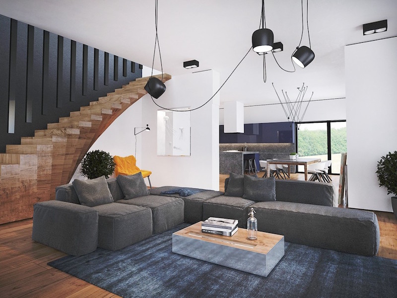 suspension salon noir-projecteurs-accroches-plafond-canape-angle-gris