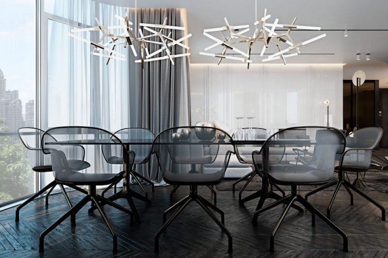 chaises-salle-manger-ajourees-parquet-gris-fonce-luminaires-design