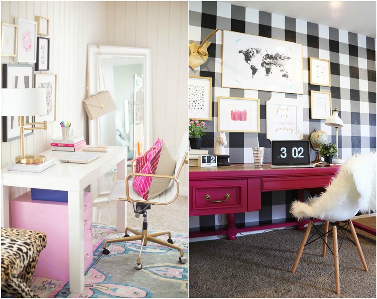 deco-chambre-fille-ado-meuble-bureau-rose-magenta-acadre-photo-couleur-or-tapis-gris