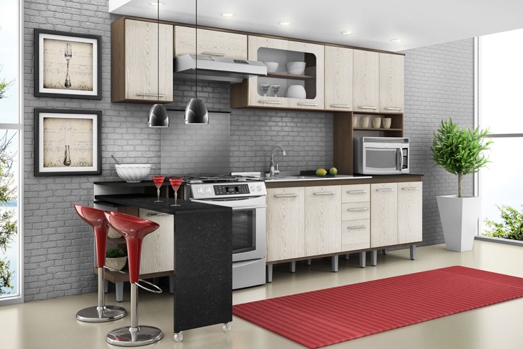 deco-cuisine-rouge-tapis-cuisine-rouge-facades-bois-blond-mur-brique-grise