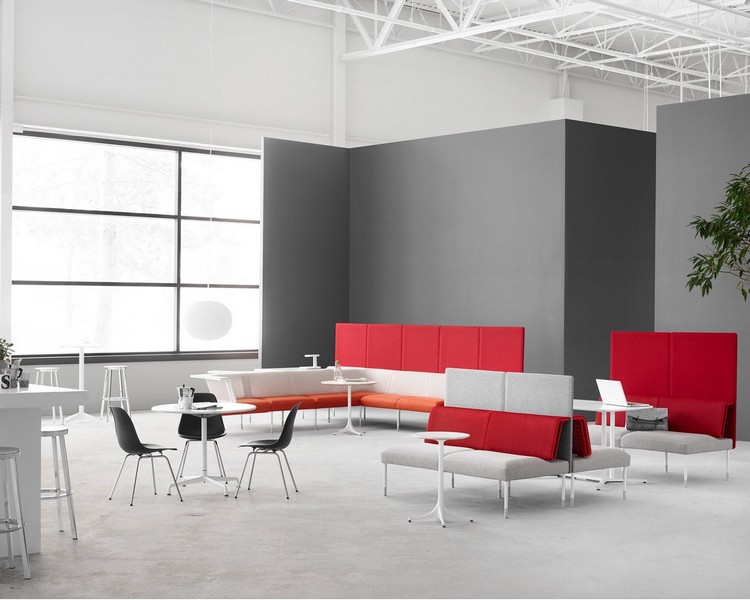 environnement de travail meubles-minimalistes-rouge-vif-peinture-grise