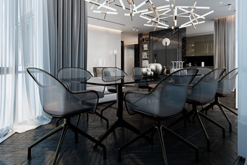 grande-table-salle-manger-chaises-transparentes-parquet-gris-fonce