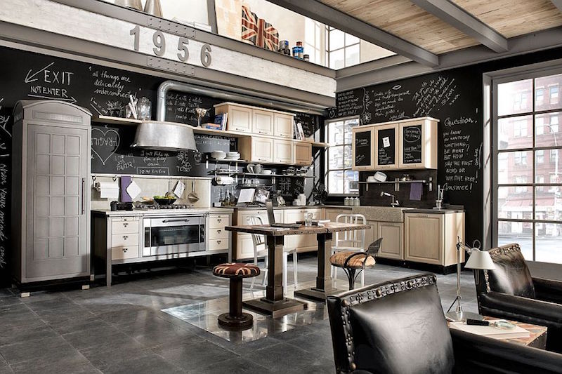 image-cuisine-style-industriel-peinture-murale-tableau-noir-meubles-acier-rivete