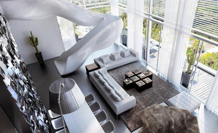 maison-avec-toboggan-design-futuriste-blanc-neige-meubles-canapes