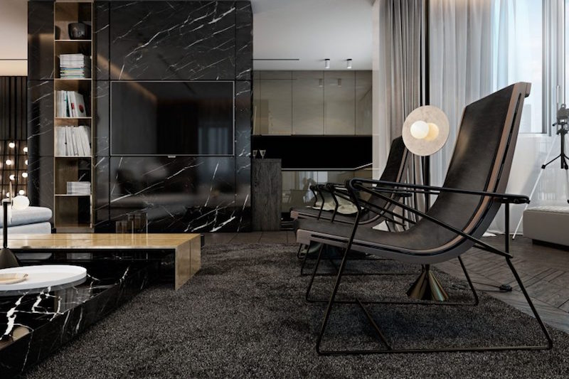 meubles-marbre-noir-revetement-sol-parquet-gris-fonce-tapis