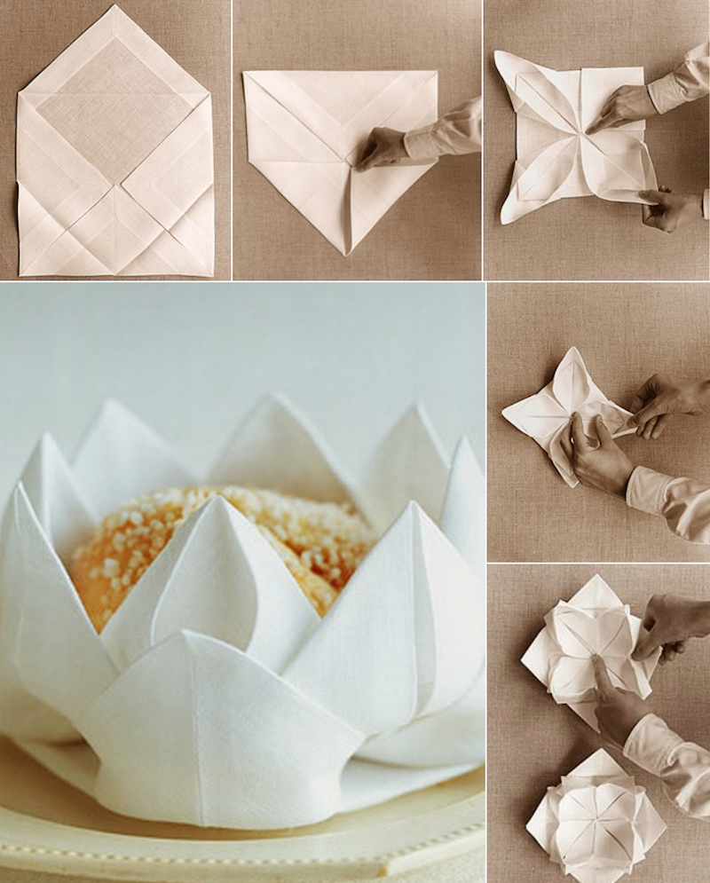 pliages-serviettes-faciles-table-fete-elegante-fleur-lotus-petit-pain