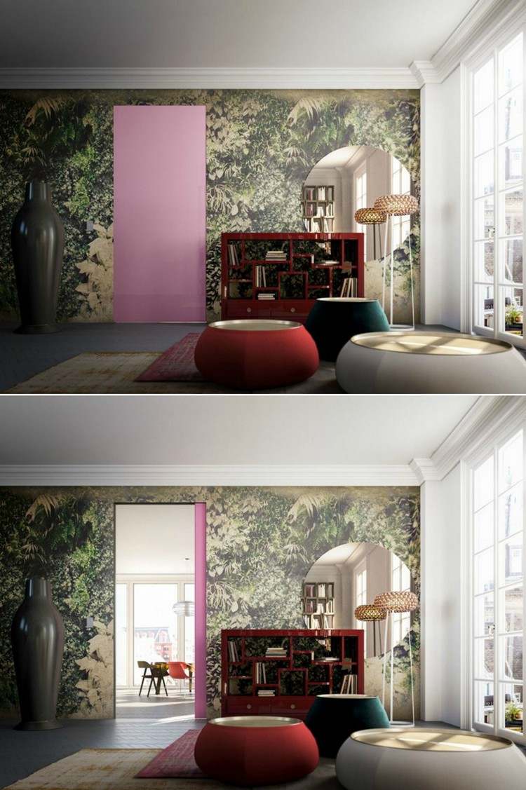 porte-interieure-affleurante-rose-bonbon-accent-papier-peint-nature