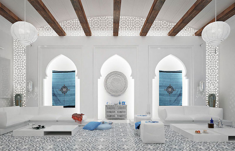 salon-moderne-marocain-blanc-arcs-outrepasses-brise-mosaique