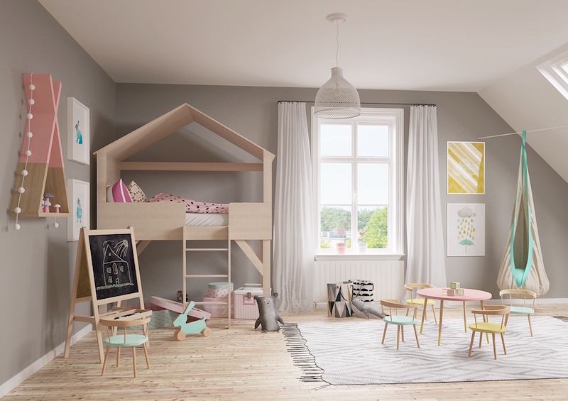 chambre-enfant-bois-rose-pastel-lit-cabane-peinture-murale-taupe