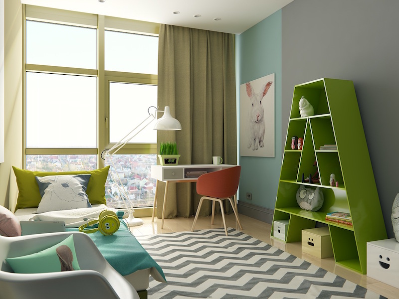 chambre-enfant-chic-tapis-chevrons-etagere-originale-verte-a