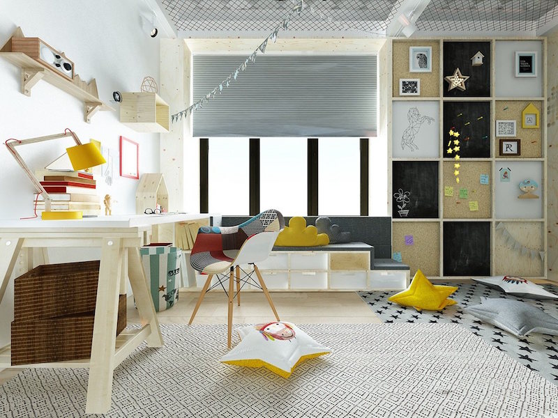 chambre d’enfant fonctionnelle-amusante-elegante-meubles-bois-clair
