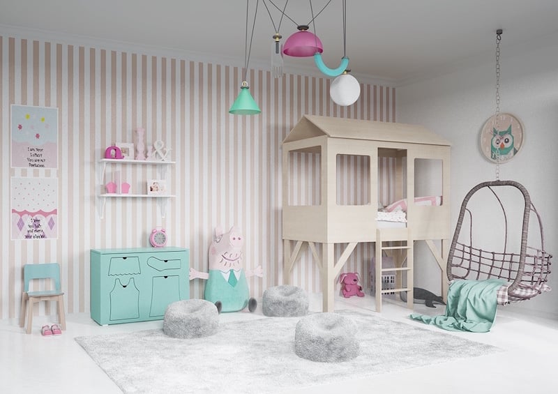 chambre-enfant-rose-vert-eau-lit-cabane-bois-mur-papier-peint-raye