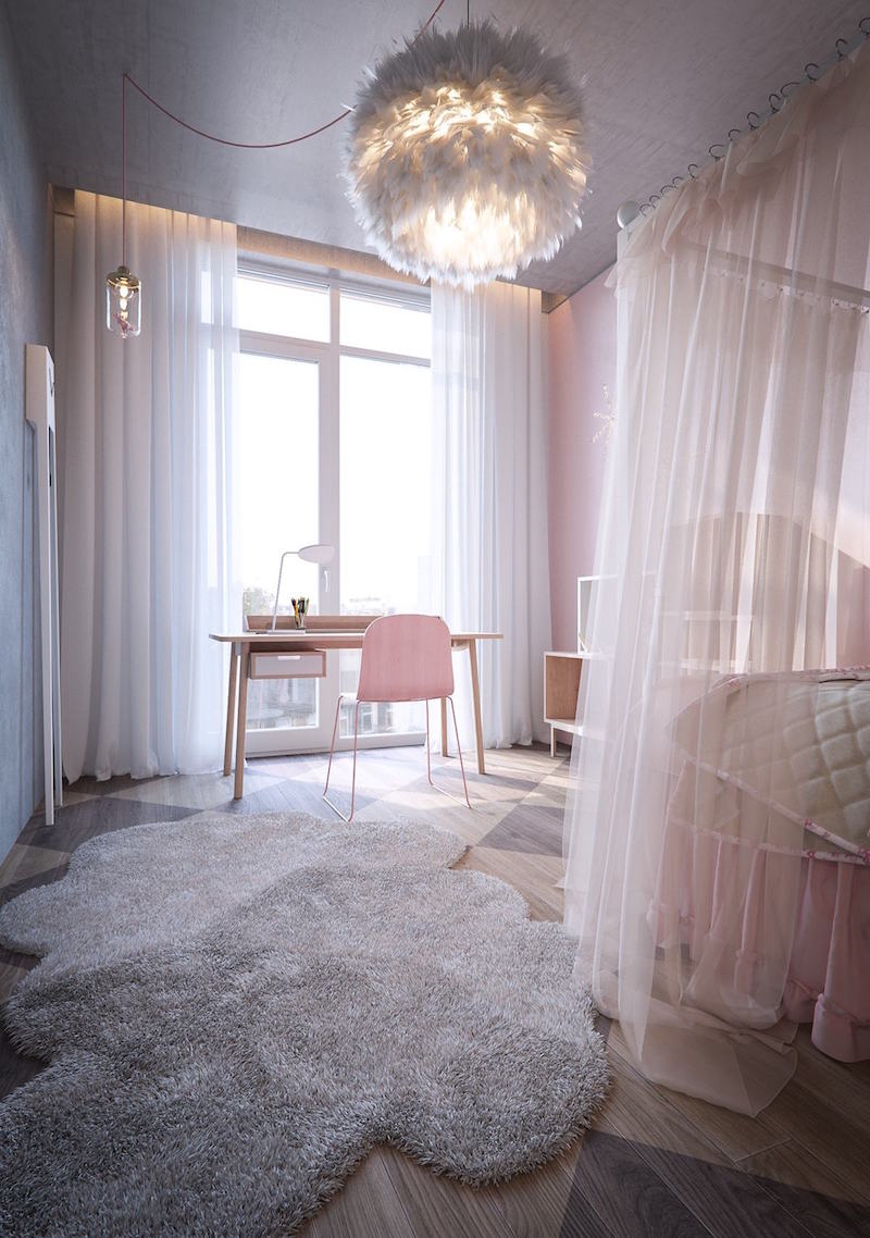 chambre-fille-rose-gris-blanc-bois-suspension-plumes-tapis-shaggy