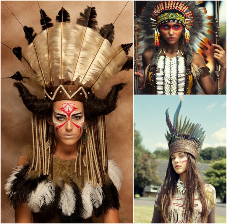 coiffe-plumes-aigles et maquillage indienne d'Amérique femme-guerriere-sexy